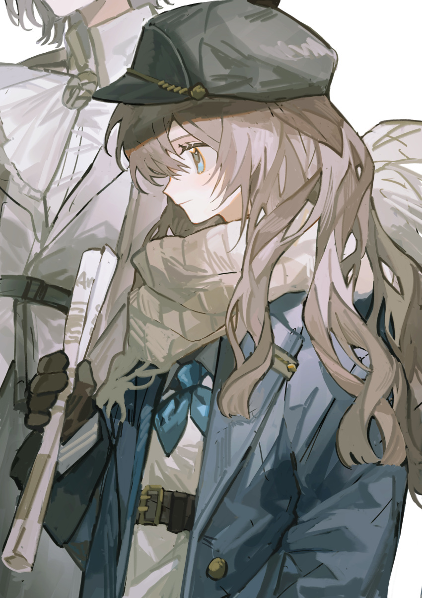 2girls, absurdres, ascot, blue_coat, blue_eyes, blue_neckerchief, brown_gloves, brown_hair