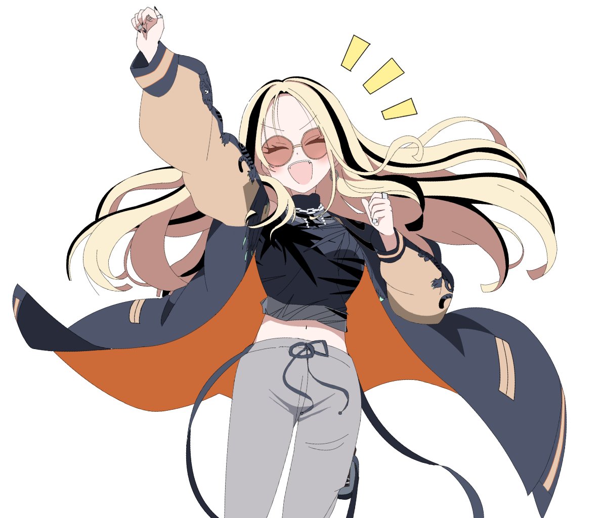 1girl, arm_up, black_footwear, black_hair, black_jacket, black_shirt, black_tank_top, blonde_hair, blunt_ends, closed_eyes, commentary_request, earrings, floating_hair, grey_pants, halter_shirt, halterneck, hand_up, hololive, hololive_dev_is, jacket, jewelry, koganei_niko, letterman_jacket, long_hair, midriff, multicolored_hair, navel, official_art, open_clothes, open_jacket, open_mouth, orange-tinted_eyewear, orange_jacket, outstretched_arm, pants, round_eyewear, see-through_clothes, see-through_shirt, shirt, simple_background, sleeveless, sleeveless_shirt, smile, solo, sore0618, streaked_hair, sukajan, sunglasses, sweatpants, tank_top, teeth, tinted_eyewear, two-sided_fabric, two-sided_jacket, upper_teeth_only, v-shaped_eyebrows, virtual_youtuber, white_background