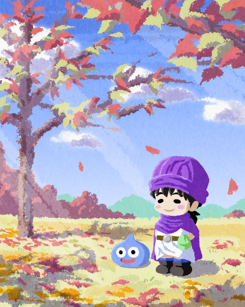 1boy, =_=, autumn_leaves, black_hair, blue_sky, blush, cloak, closed_mouth, clouds, commentary_request, dragon_quest, dragon_quest_v, falling_leaves, hero_(dq5), highres, leaf, long_hair, low_ponytail, male_focus, outdoors, pellrunks, purple_cloak, sky, slime_(dragon_quest), smile, standing, sunlight, tree