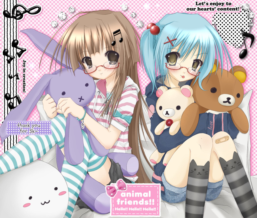 2000s_(style), 2girls, alice_(frilldevil), blue_hair, blush, brown_eyes, brown_hair, commentary