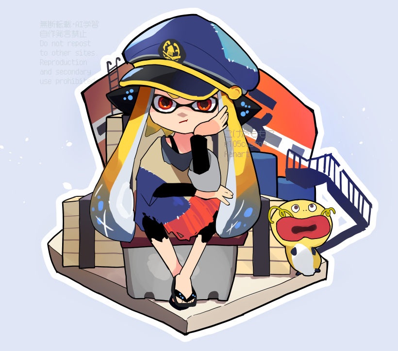 105custom, 1girl, agent_3_(splatoon), blonde_hair, blue_hair, blue_hat, bored, commentary_request