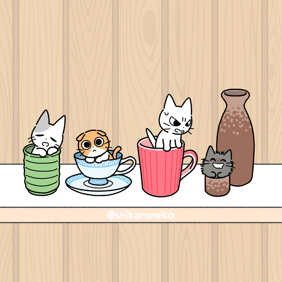 animal, animal_focus, blush, bottle, cat, choko_(cup), counter, cup, drunk, in_container, looking_at_another, looking_at_viewer, mojacookie, mug, no_humans, saucer, shikaru_neko, sweatdrop, teacup, tokkuri, twitter_username, whiskers, wooden_wall, yunomi