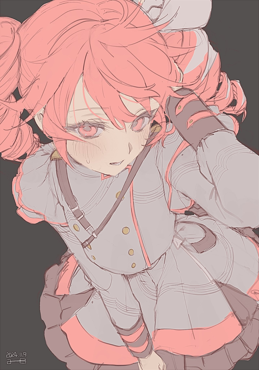 1girl, blush, bow, buttons, commentary, dated, double-breasted, drill_hair, frilled_skirt, frills, from_above, grey_background, grey_jacket, hair_bow, hand_on_own_head, highres, jacket, kasane_teto, kasane_teto_(sv), long_sleeves, looking_at_viewer, ofgwr, open_mouth, red_eyes, red_trim, redhead, shoulder_belt, skirt, sleeve_cuffs, solo, sweat, synthesizer_v, twin_drills, twintails, utau, vocaloid, white_bow