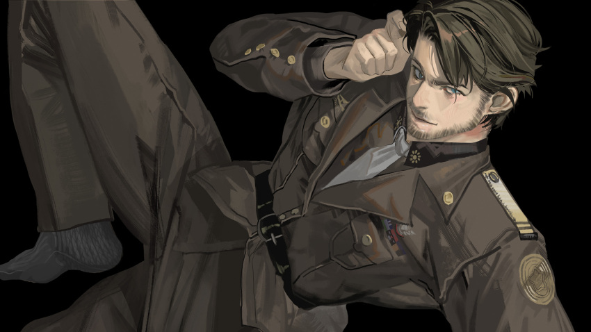 1boy, andersen_(nikke), beard, belt, black_background, black_belt, black_gloves, blue_eyes, brown_hair, brown_jacket, brown_pants, brown_shirt, collared_shirt, facial_hair, gloves, goddess_of_victory:_nikke, grey_necktie, grey_socks, highres, jacket, junwen_lululu, male_focus, necktie, pants, shirt, simple_background, smile, socks, solo