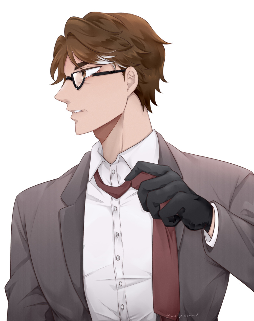 1boy, black-framed_eyewear, black_gloves, brown_eyes, brown_hair, buttons, collared_shirt, glasses