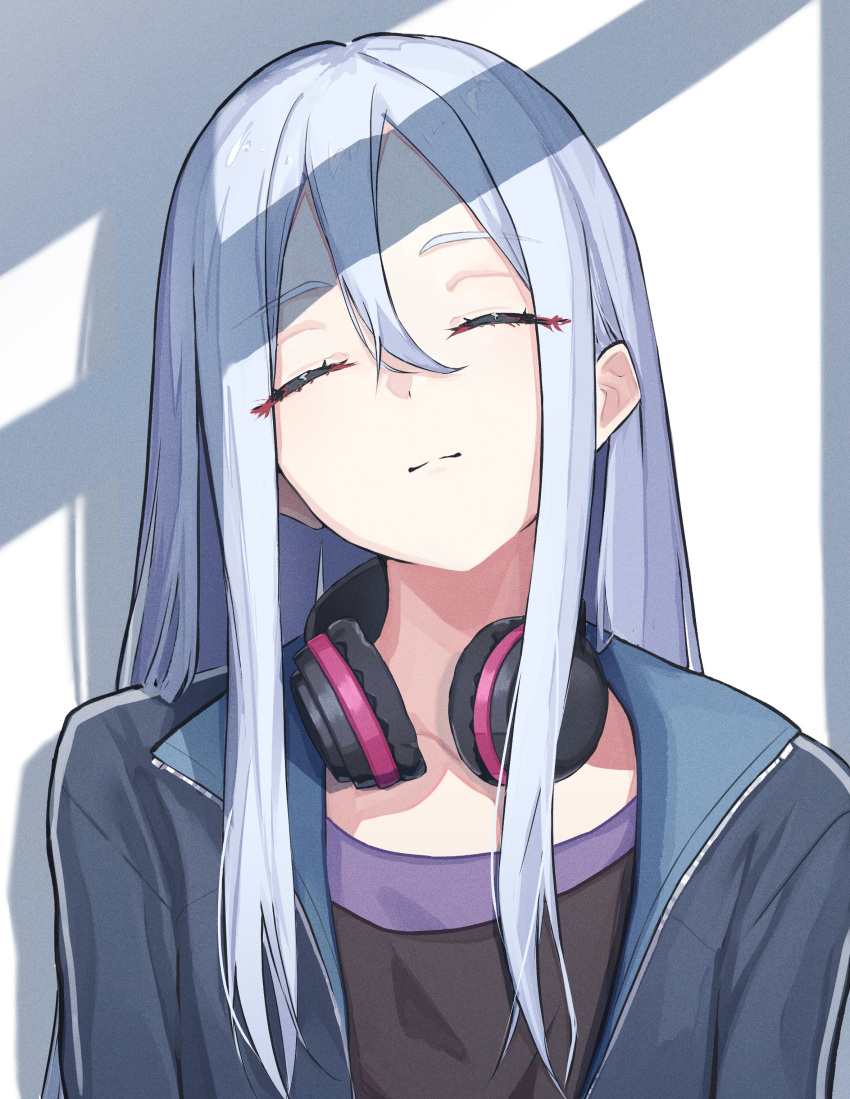 1girl, absurdres, black_jacket, black_shirt, closed_eyes, colored_eyelashes, commentary, grey_hair