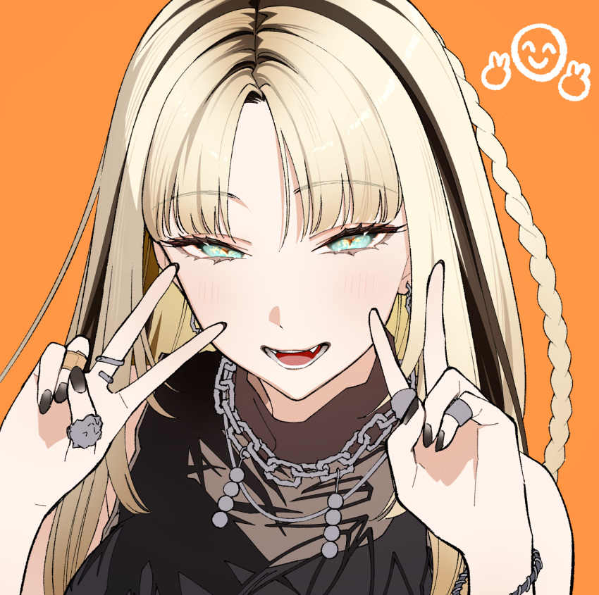 1girl, :d, black_hair, black_nails, black_shirt, black_tank_top, blonde_hair, blue_eyes