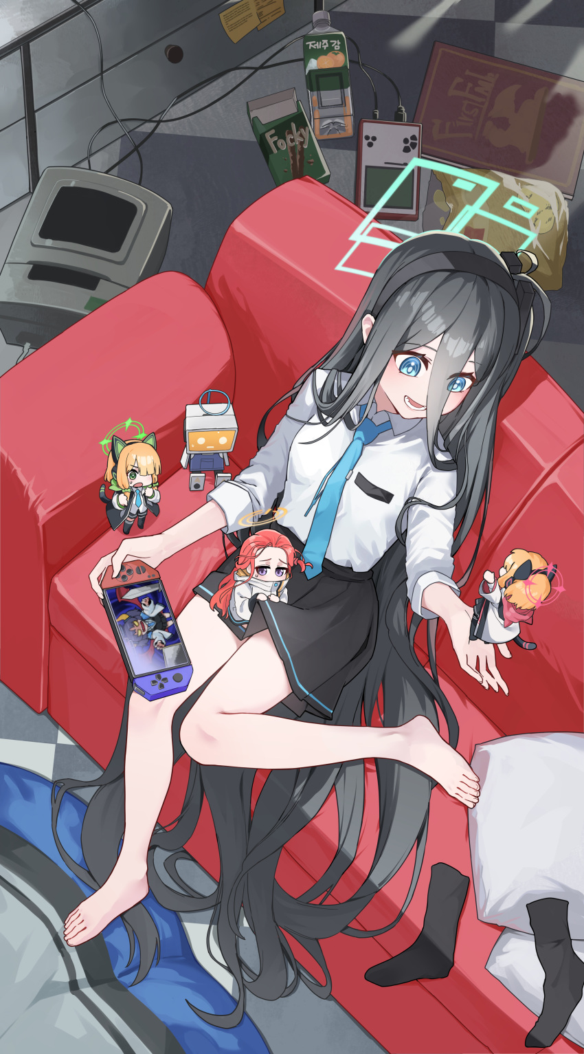 4girls, absurdly_long_hair, absurdres, aris_(blue_archive), bag_of_chips, bare_legs, barefoot, black_hair, black_hairband, black_skirt, black_socks, blue_archive, blue_eyes, blue_necktie, brand_name_imitation, bright_pupils, collared_shirt, commentary_request, dutch_angle, feet, food, from_above, game_console, game_development_department_(blue_archive), hair_between_eyes, hairband, halo, handheld_game_console, highres, holding, holding_handheld_game_console, jacket, juice, kei_(blue_archive), kei_(robot)_(blue_archive), korean_commentary, long_hair, long_sleeves, midori_(blue_archive), mini_person, minigirl, momoi_(blue_archive), multiple_girls, necktie, nintendo_switch, one_side_up, open_mouth, orange_juice, pillow, plastic_bottle, pleated_skirt, pocky, red_couch, rodeong_r, shirt, skirt, sleeves_rolled_up, smile, socks, toes, unworn_jacket, unworn_socks, very_long_hair, white_pupils, white_shirt, yuuka_(blue_archive), yuzu_(blue_archive)