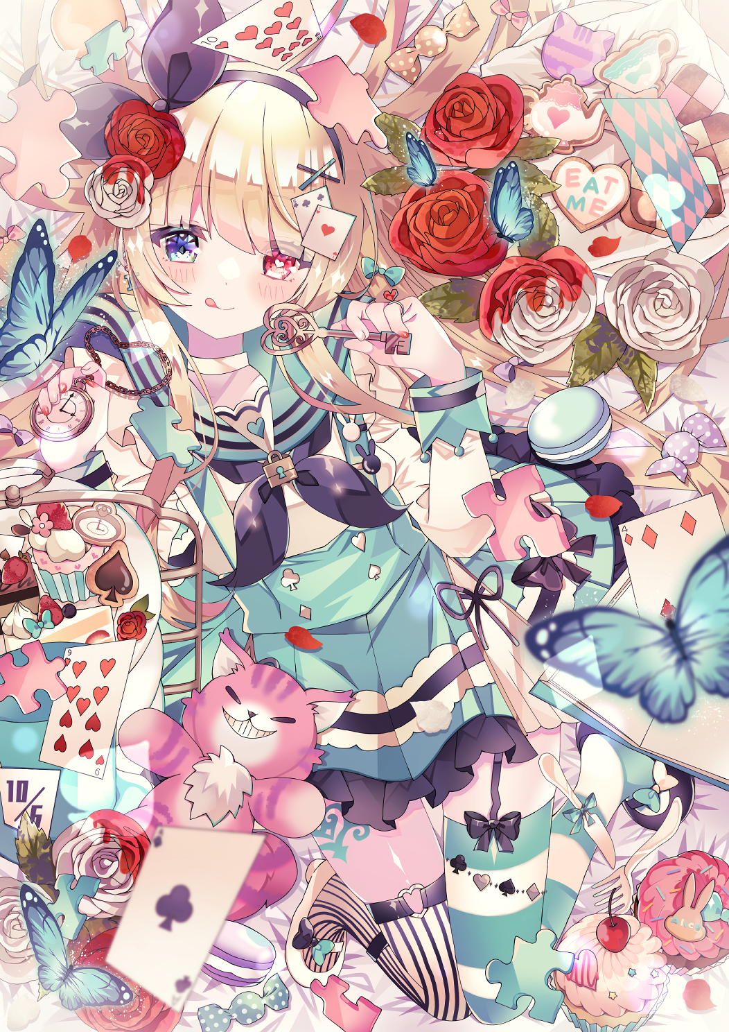 1girl, :q, ace_(playing_card), ace_of_clubs, ace_of_hearts, alice_(alice_in_wonderland), alice_in_wonderland, aoi_yugina