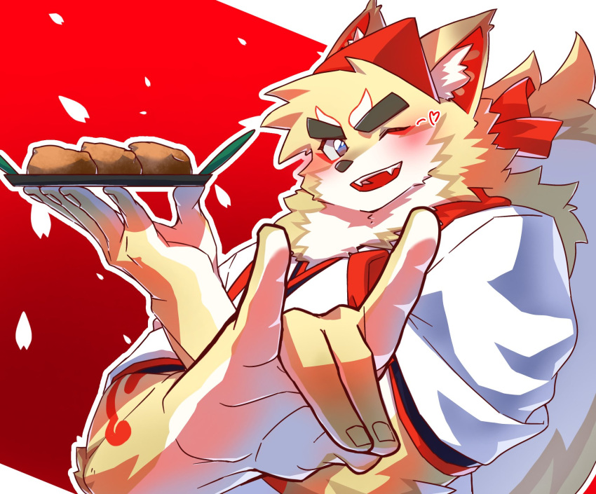 1boy, animal_ears, arm_tattoo, cherry_blossoms, commentary_request, fangs, food, fox_boy, fox_ears, fox_shadow_puppet, fox_tail, furry, furry_male, heart, highres, holding, holding_food, holding_plate, inari_(housamo), japanese_clothes, looking_at_viewer, male_focus, one_eye_closed, open_mouth, plate, shizu_ponnu, smile, tail, tattoo, tokyo_afterschool_summoners