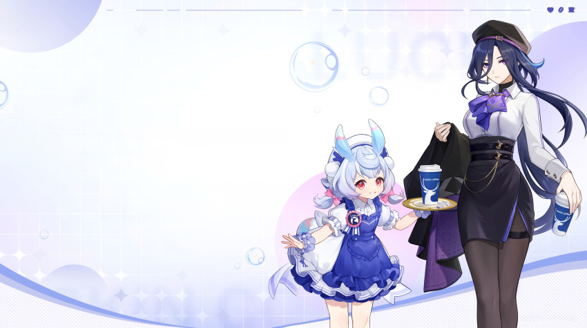 2girls, absurdres, belt, black_belt, black_hat, black_pantyhose, black_skirt, blue_dress, blue_hair, clorinde_(genshin_impact), clorinde_(luckin_coffee)_(genshin_impact), closed_mouth, collared_shirt, cup, detexted, disposable_cup, dress, genshin_impact, hat, highres, holding, holding_cup, long_hair, long_sleeves, looking_at_viewer, miniskirt, multiple_girls, official_alternate_costume, official_art, pantyhose, parted_lips, pom_pom_(clothes), puffy_short_sleeves, puffy_sleeves, purple_hair, shirt, short_hair, short_sleeves, sigewinne_(genshin_impact), sigewinne_(luckin_coffee)_(genshin_impact), skirt, smile, standing, third-party_edit, unworn_clothes, violet_eyes, white_hat, white_shirt, wrist_cuffs