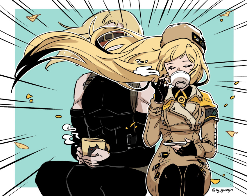 1boy, 1girl, artist_name, bare_shoulders, black_gloves, blindfold, blonde_hair, border, closed_eyes, commentary_request, cup, detached_sleeves, drinking, fingerless_gloves, fur_hat, gloves, guilty_gear, guilty_gear_strive, hat, highres, holding, holding_cup, korean_commentary, ky_gwangin, long_hair, millia_rage, pantyhose, prehensile_hair, teacup, twitter_username, ushanka, very_long_hair, white_border, wind, wind_lift, zato-1