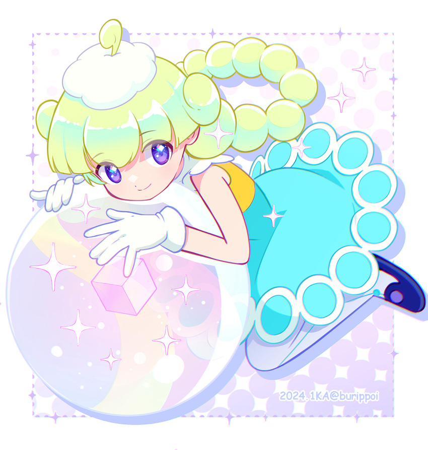 1girl, against_object, ahoge, artist_name, blue_dress, blunt_bangs, border, burippoi, closed_mouth, dated, double-parted_bangs, dress, drop_shadow, floating_hair, full_body, fur_hat, gloves, gradient_background, green_hair, hair_flaps, halftone, halftone_background, hand_rest, hands_up, hat, highres, knees_up, light_smile, long_hair, looking_to_the_side, marle_(puyopuyo), orb, outside_border, purple_background, puyopuyo, puyopuyo_tetris_2, sideways_glance, single_hair_ring, sleeveless, sleeveless_dress, solo, sparkle, split_mouth, twitter_username, violet_eyes, white_border, white_gloves, white_hat