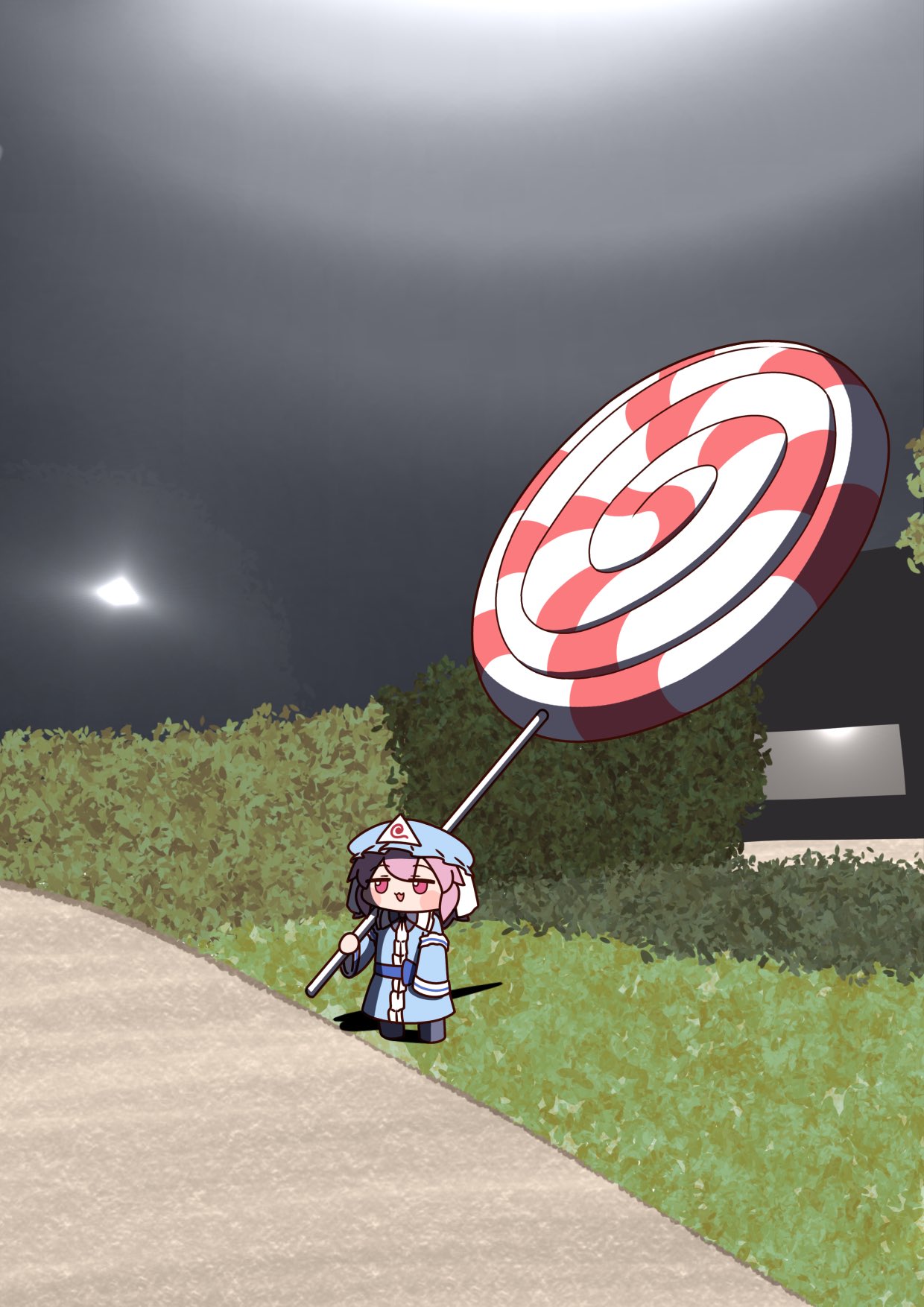 1girl, blue_bow, blue_sash, blush_stickers, bow, bush, candy, chibi