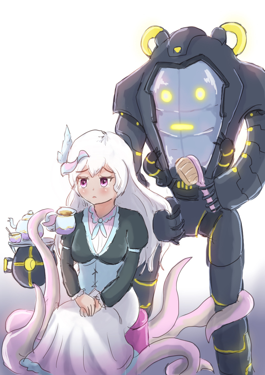 1girl, absurdres, alien, black_shrug, cup, dress, hair_brush, hair_ornament