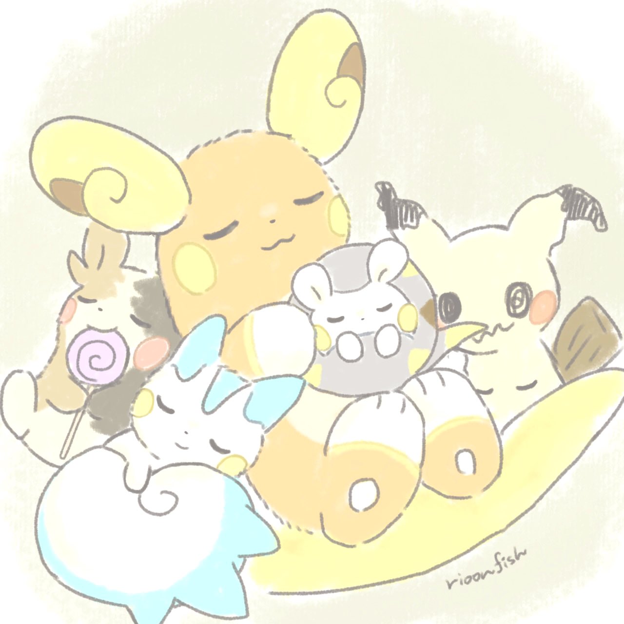 alolan_raichu, candy, closed_eyes, closed_mouth, food, highres, lollipop, lying, mimikyu, morpeko, morpeko_(full), no_humans, pachirisu, pokemon, pokemon_(creature), rioon_fish, sleeping, smile, togedemaru