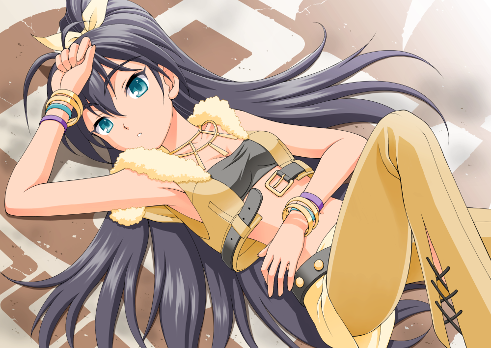 aqua_eyes, arm_up, armpits, beyond_the_vibes, black_hair, bracelet, ganaha_hibiki, hand_on_forehead