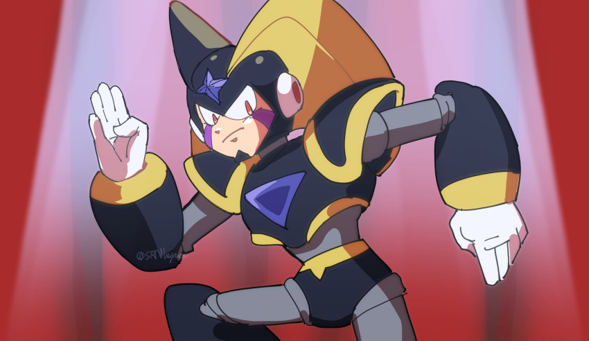 1boy, armor, bass_(mega_man), black_armor, black_helmet, chest_jewel, dancing, dragon_ball_z_kami_to_kami