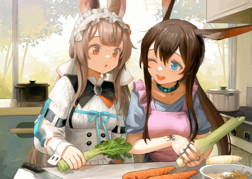 2girls, :o, absurdres, alternate_costume, amiya_(arknights), animal_ears, apron, arknights