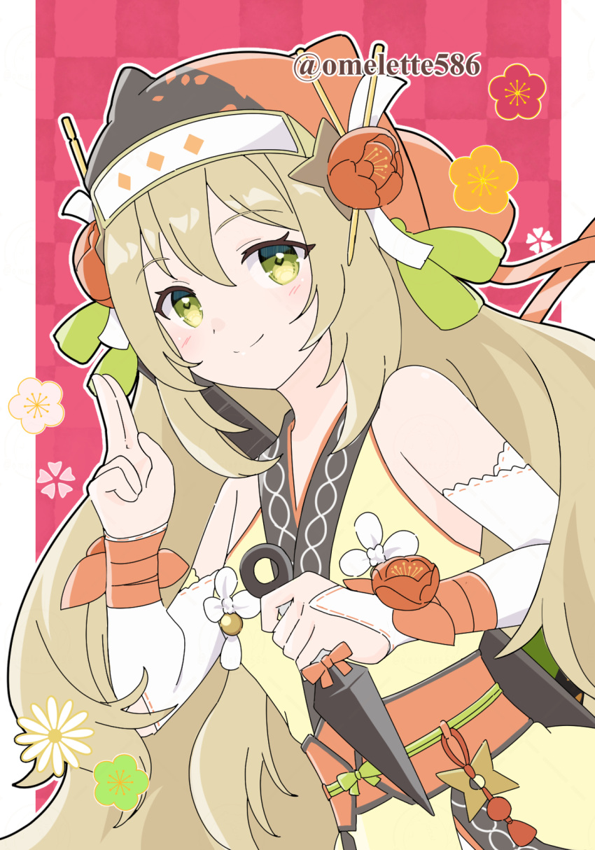 1girl, bare_shoulders, blonde_hair, blush, celine_(fire_emblem), celine_(ninja)_(fire_emblem), closed_mouth, commentary_request