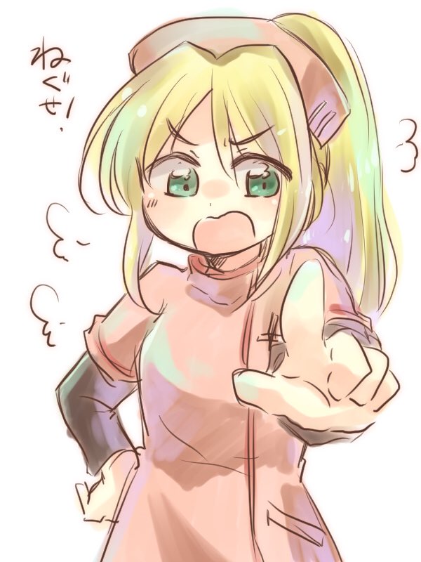 1girl, angry, black_shirt, blonde_hair, chou_shittou_caduceus, green_eyes, hand_on_own_hip, hat