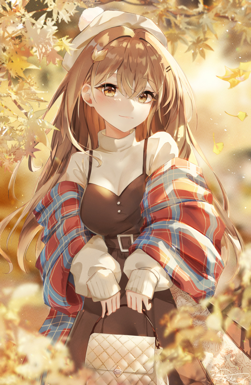 1girl, alternate_costume, autumn, bag, belt, belt_buckle, beret, breasts