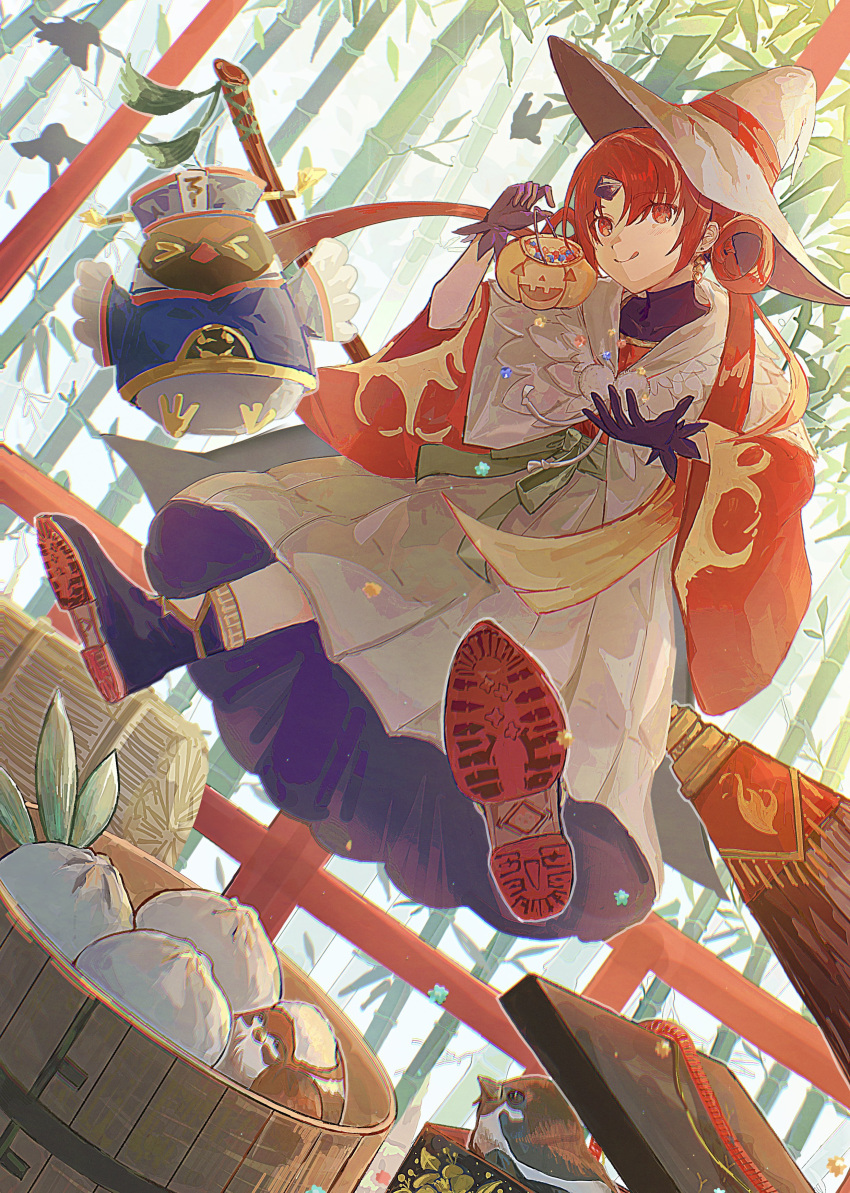 1girl, absurdres, anohito_(amaruno110), bamboo, bamboo_forest, baozi, beni-enma, bird