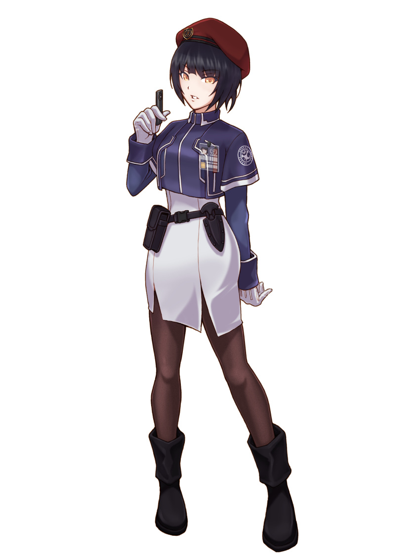 1girl, beret, black_footwear, black_hair, blue_jacket, boots, brown_eyes, brown_pantyhose