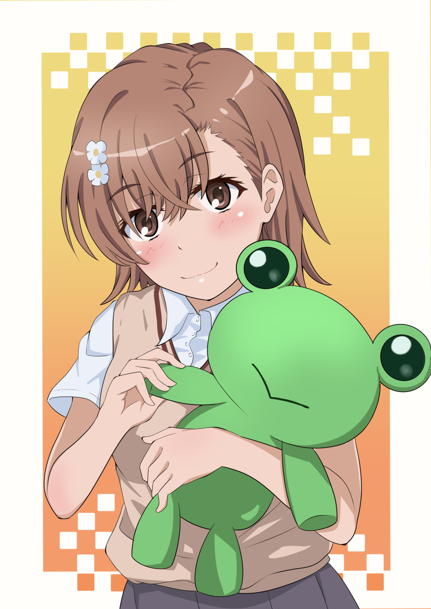 1girl, absurdres, blush, border, breasts, brown_eyes, brown_hair, brown_vest, collared_shirt, flower, gekota, gradient_background, grey_skirt, hair_ornament, highres, holding, holding_stuffed_toy, looking_at_viewer, medium_breasts, medium_hair, misaka_mikoto, orange_background, school_uniform, shirt, short_hair, short_sleeves, skirt, smile, solo, standing, stuffed_toy, sweater_vest, tabu_(tabu_01), toaru_kagaku_no_railgun, toaru_majutsu_no_index, tokiwadai_school_uniform, upper_body, vest, white_border, white_flower, white_shirt