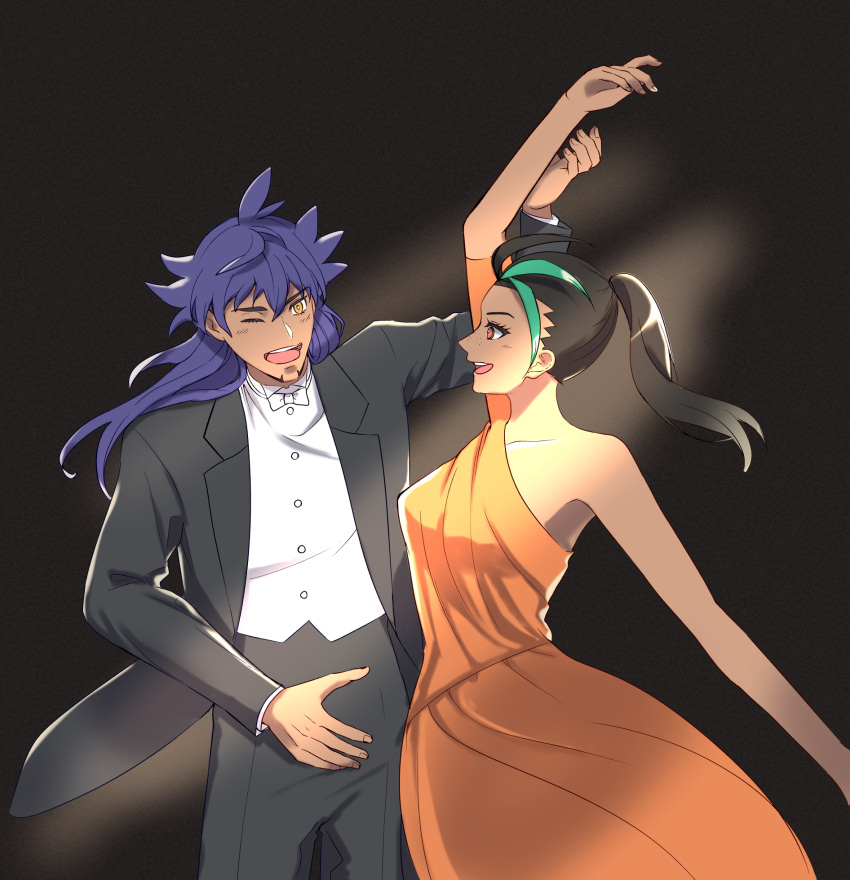 1boy, 1girl, :d, ;d, alternate_costume, arm_up, black_hair, black_jacket