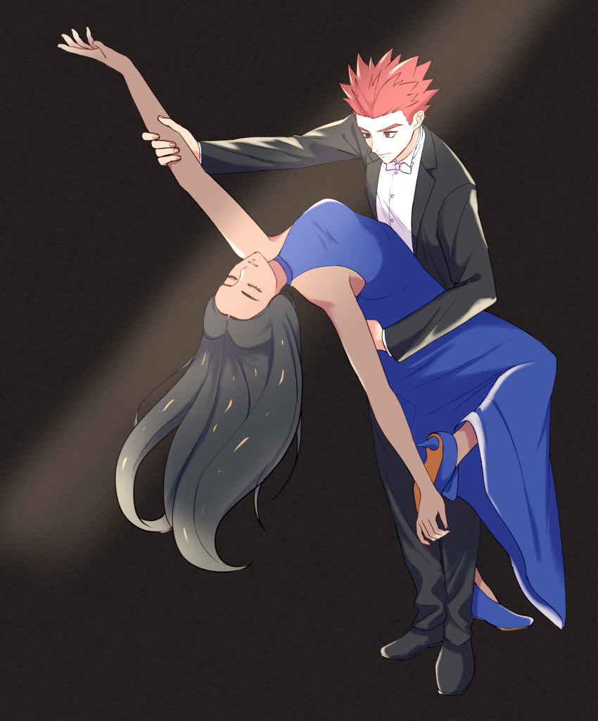 1boy, 1girl, alternate_costume, arm_around_waist, blue_dress, blue_footwear, bow, bowtie