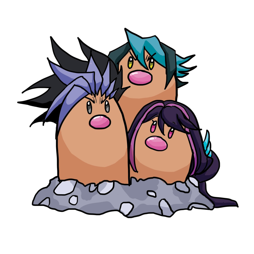 black_hair, cosplay, dugtrio, green_hair, highres, kurosaki_ruri, kurosaki_ruri_(cosplay), kurosaki_shuri, kurosaki_shuri_(cosplay), long_hair, multicolored_hair, pokemon, pokemon_(creature), ponlypone, purple_hair, short_hair, simple_background, spiky_hair, two-tone_hair, ute_(yu-gi-oh!), ute_(yu-gi-oh!)_(cosplay), white_background, yu-gi-oh!, yu-gi-oh!_arc-v