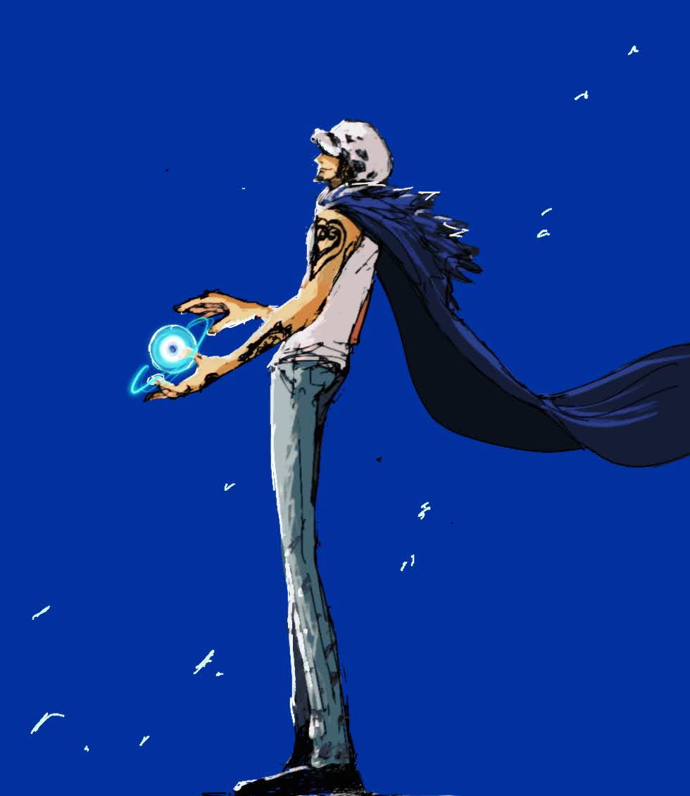 1boy, arm_tattoo, blue_background, blue_cape, cape, denim, facial_hair, full_body