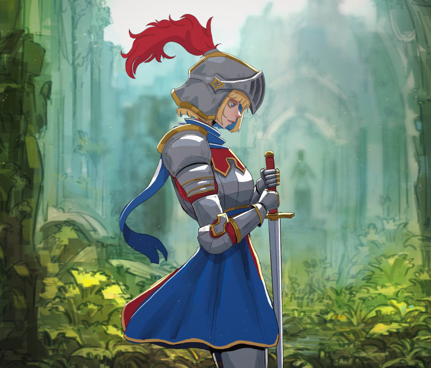 1girl, absurdres, armor, basedbinkie, blonde_hair, blue_eyes, blue_skirt, breasts, cowboy_shot, flayne_(basedbinkie), from_side, full_armor, gauntlets, helm, helmet, highres, holding, holding_sword, holding_weapon, medium_breasts, original, plum, profile, short_hair, shoulder_armor, skirt, smile, solo, sword, teeth, weapon, yellow_eyes