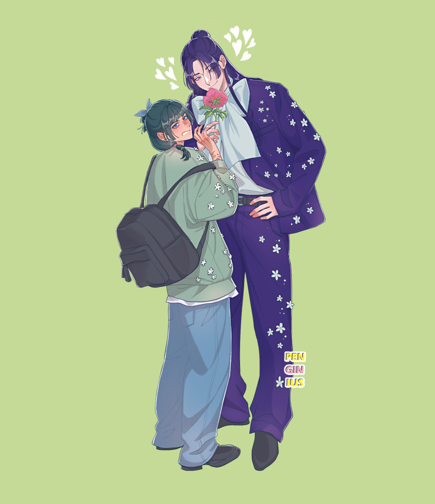 1boy, 1girl, artist_name, bag, blue_eyes, bow, bowtie, cardigan