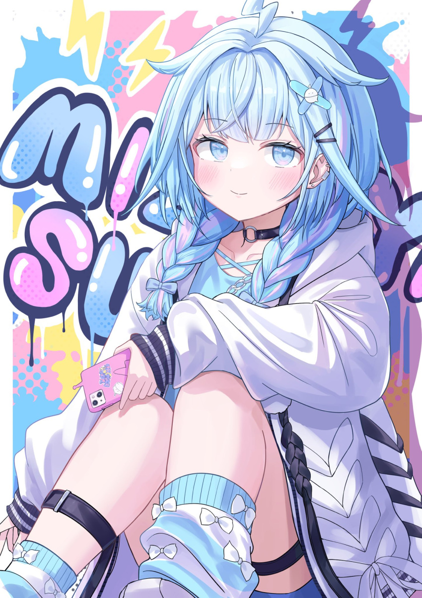 1girl, ahoge, ankle_socks, asymmetrical_legwear, blue_eyes, blue_hair, blue_shirt, blunt_bangs, blush, braid, chain, choker, closed_mouth, criss-cross_halter, ear_piercing, graffiti, hair_flaps, hair_ornament, hairpin, halterneck, highres, holding, holding_phone, hololive, hololive_dev_is, hood, hooded_jacket, hoodie, jacket, knee_strap, lightning_ahoge, looking_at_viewer, mizumiya_su, multicolored_hair, o-ring, o-ring_choker, phone, piercing, raodu, ribbon-trimmed_socks, ribbon_braid, shadow, shirt, sitting, socks, solo, streaked_hair, striped_clothes, striped_socks, thigh_strap, twin_braids, two-tone_hair, uneven_legwear, virtual_youtuber, x_hair_ornament