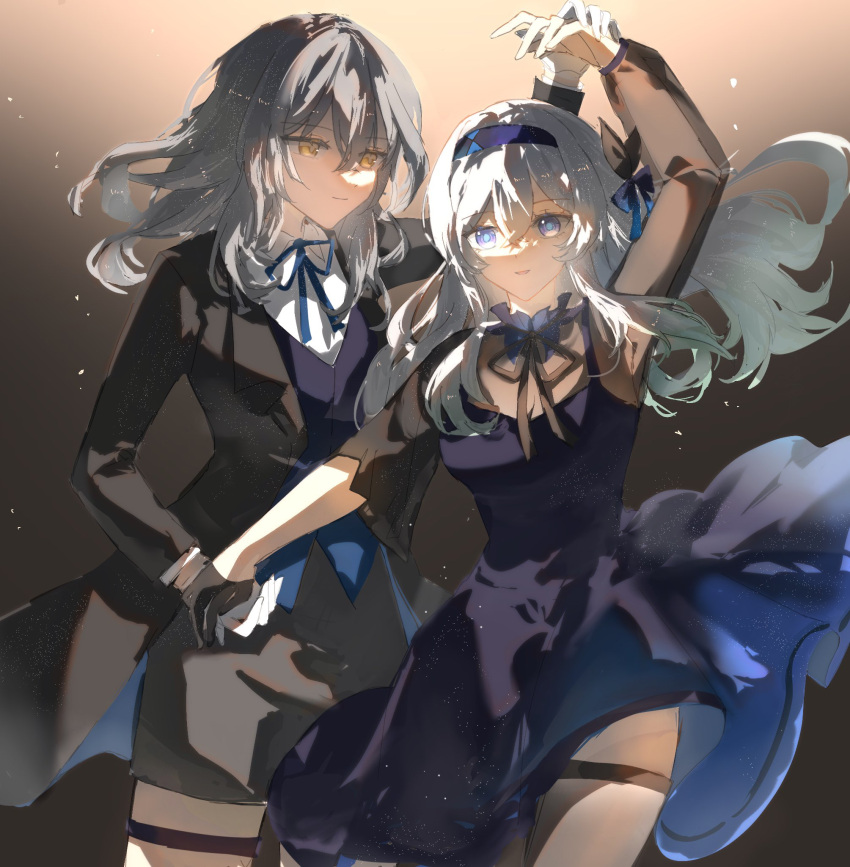 2girls, black_dress, black_gloves, black_vest, blue_hairband, cowboy_shot, dancing, dress, firefly_(honkai:_star_rail), gloves, grey_hair, hair_between_eyes, hair_intakes, hair_ribbon, hairband, hand_up, highres, holding_hands, long_hair, long_sleeves, minutes, multiple_girls, neck_ribbon, ribbon, shirt, smile, stelle_(honkai:_star_rail), thigh_strap, trailblazer_(honkai:_star_rail), two-tone_eyes, vest, white_gloves, white_shirt, yellow_eyes, yuri