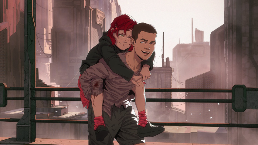 1boy, 1girl, aleksandra_skiba, alternate_universe, arms_around_neck, bandaged_leg, bandages, black_footwear