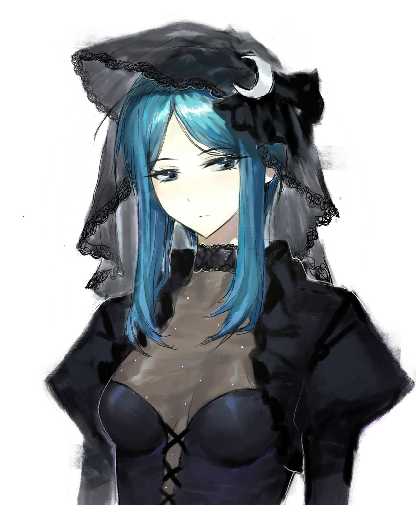 1girl, alternate_costume, bari_(project_moon), black_dress, black_veil, blue_eyes, blue_hair, breasts