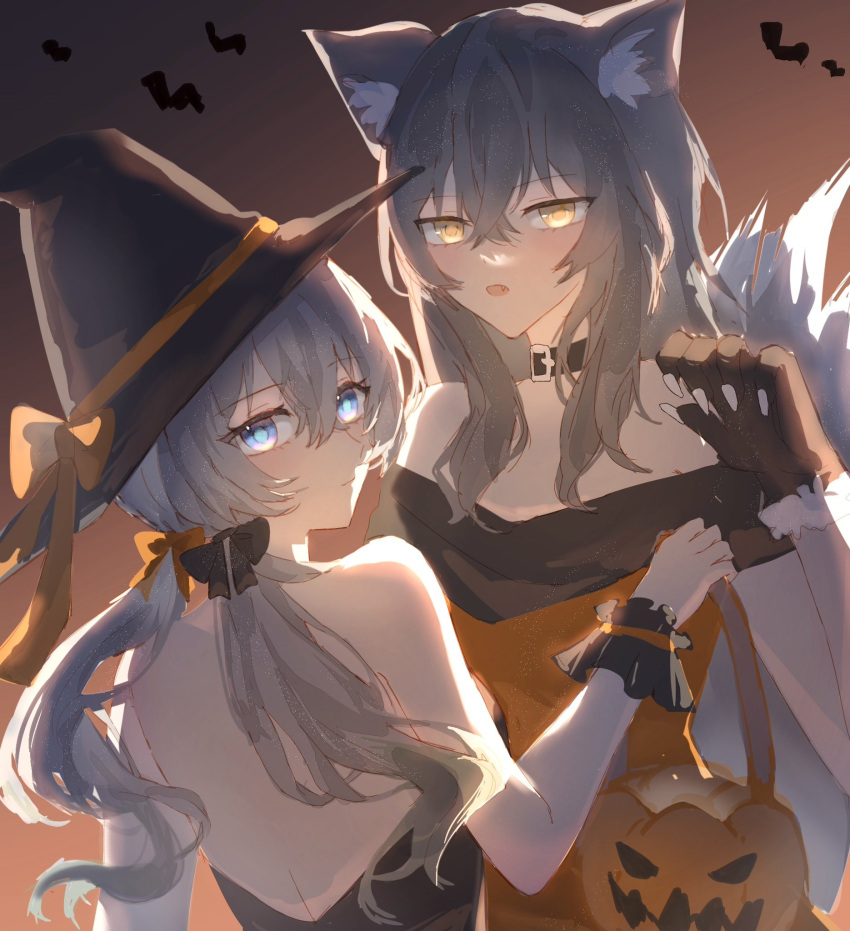 2girls, alternate_costume, animal_ears, bare_shoulders, black_bow, black_bowtie, black_choker, black_gloves