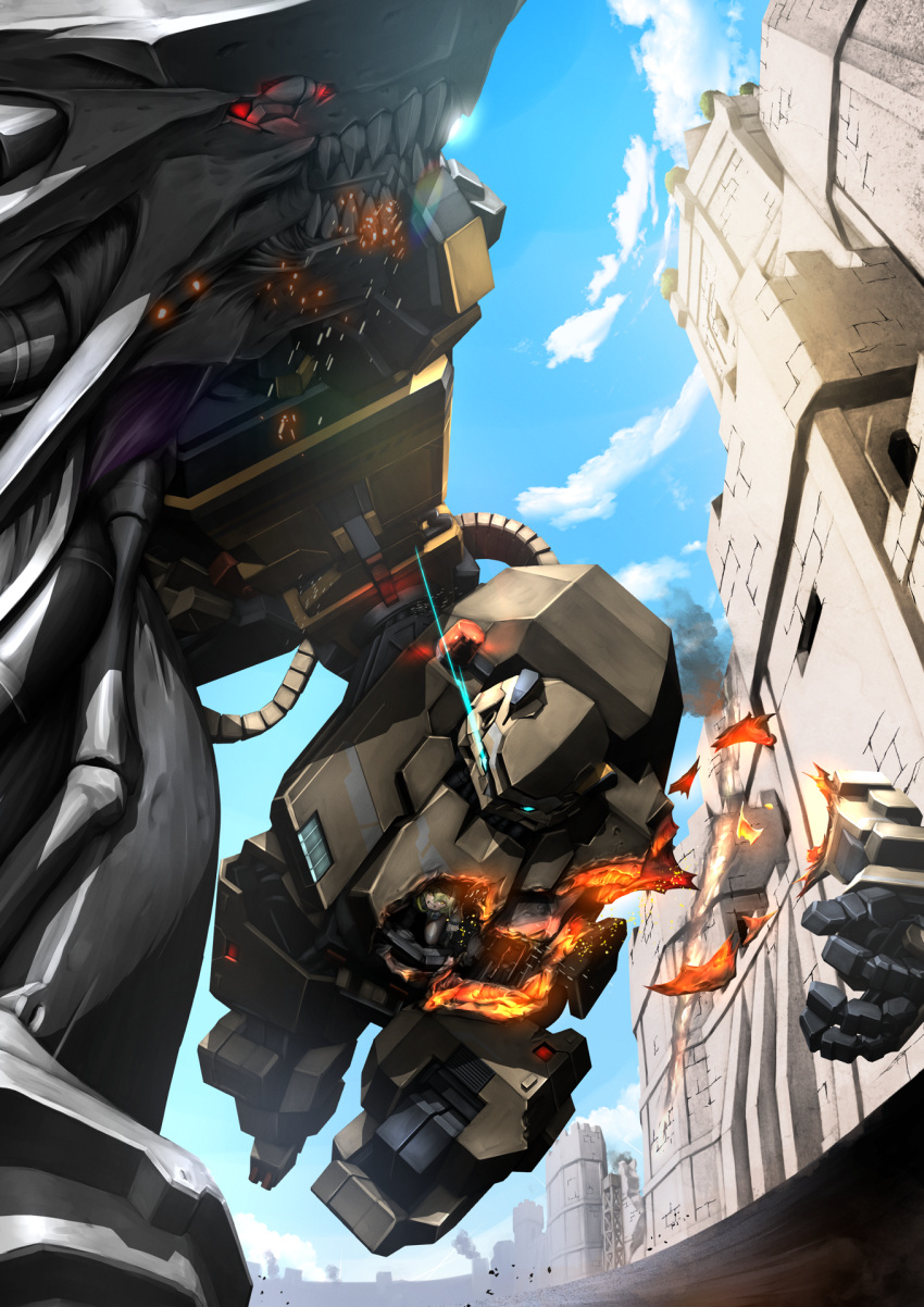 1girl, black_bodysuit, blue_eyes, blue_sky, bodysuit, chatterbox_(nikke), clenched_teeth, fighting