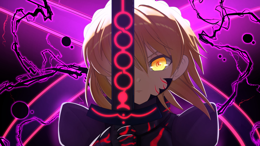1girl, absurdres, armor, armored_dress, artoria_pendragon_(fate), black_armor, black_lightning, blonde_hair