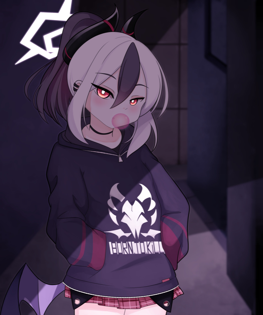 1girl, absurdres, alley, black_choker, black_hair, chewing_gum, choker, demon_girl