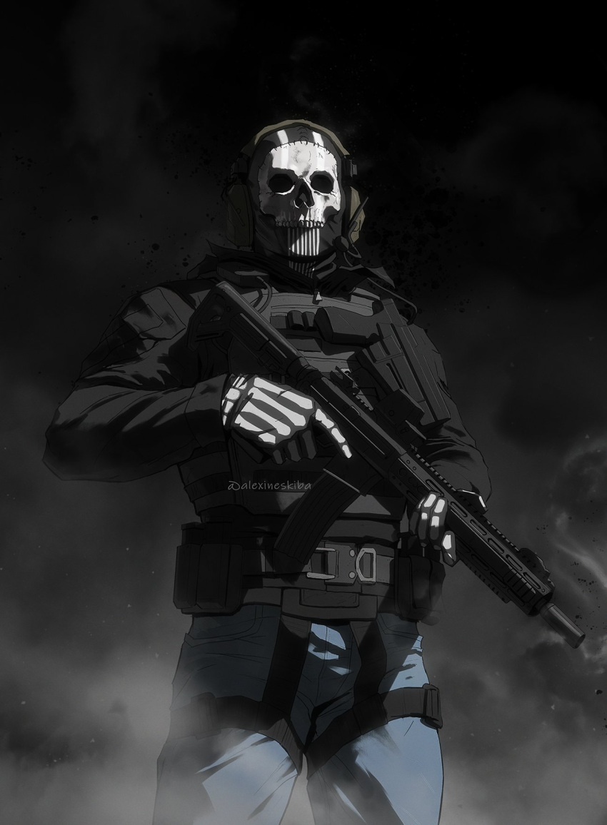 1boy, ak-47, aleksandra_skiba, assault_rifle, belt, black_belt, black_theme, blue_pants