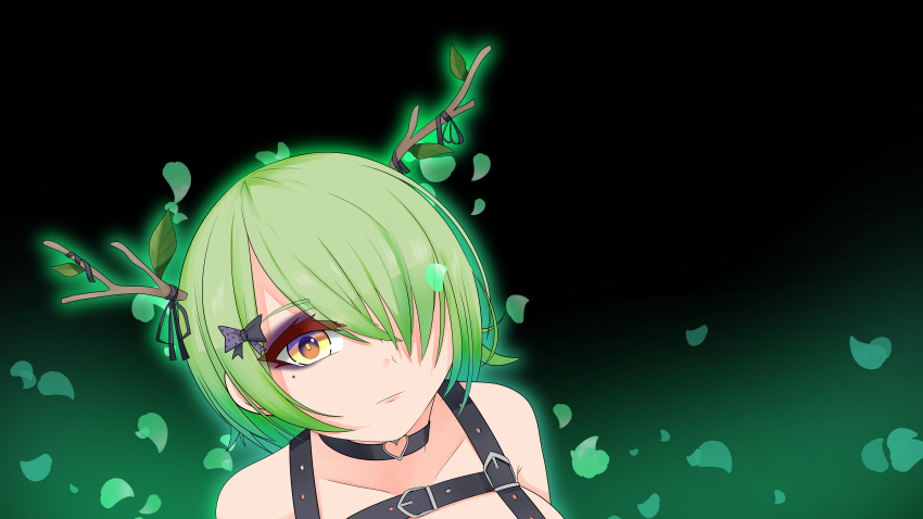 1girl, absurdres, antler_ribbon, antlers, black_background, black_bow, black_choker, bow