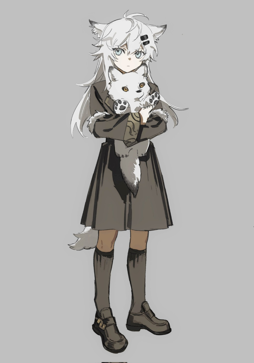 1girl, animal, animal_ears, arknights, black_footwear, black_jacket, black_skirt, black_socks, chinese_commentary, closed_mouth, commentary_request, corrupted_twitter_file, expressionless, eyes_visible_through_hair, green_eyes, grey_background, hair_between_eyes, highres, holding, holding_animal, jacket, kneehighs, lappland_(arknights), lappland_(refined_horrormare)_(arknights), long_hair, long_sleeves, looking_at_viewer, official_alternate_costume, shoes, simple_background, skirt, socks, solo, tail, white_hair, white_tail, wolf_ears, wolf_girl, wolf_tail, yanfenguo_gao