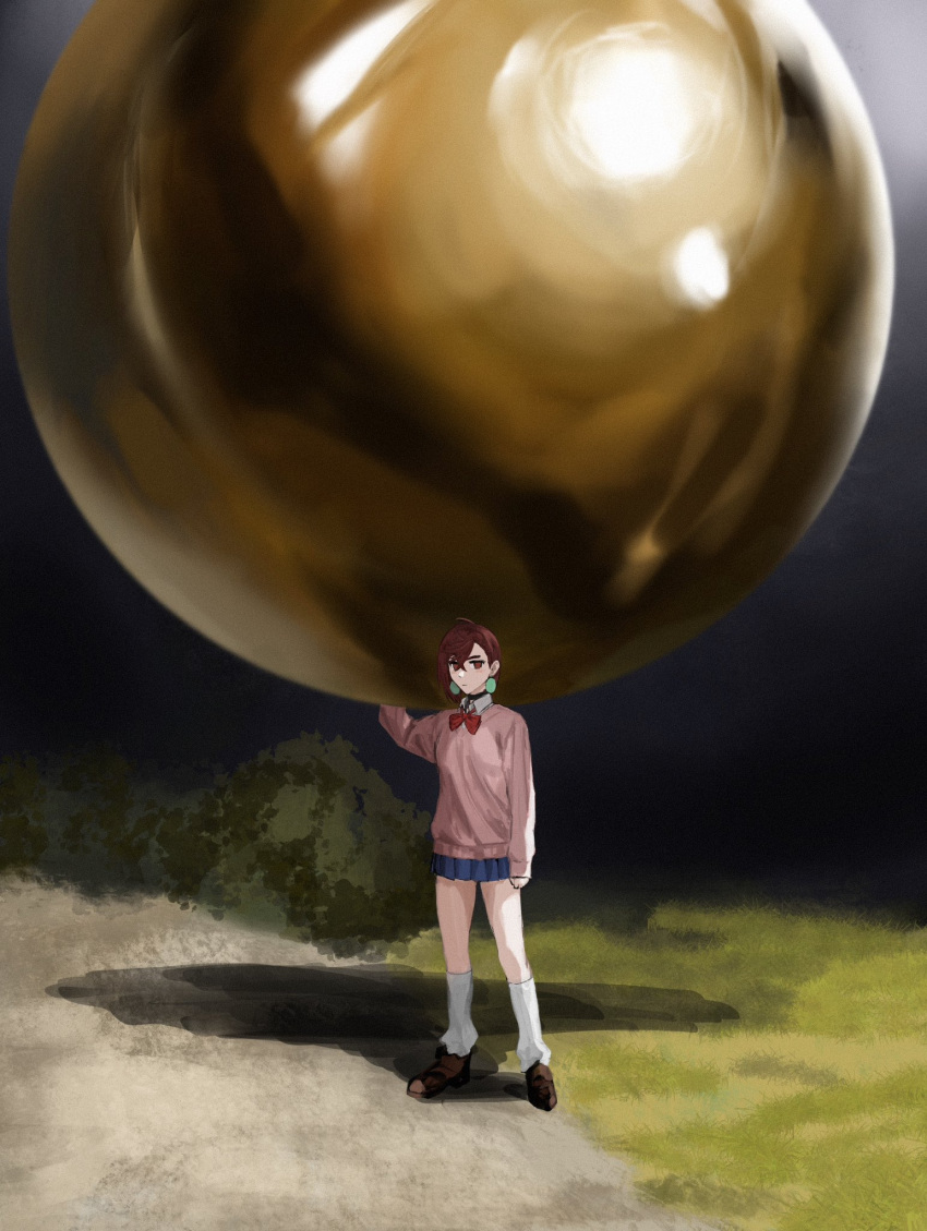 1girl, ayase_momo, ball, blue_skirt, bow, bowtie, brown_footwear, brown_hair