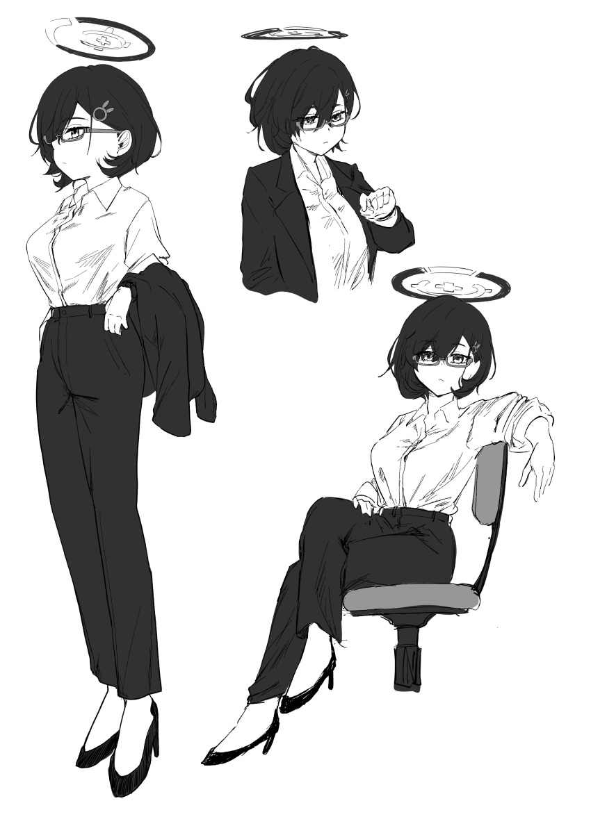 1girl, absurdres, black_footwear, black_jacket, black_pants, blue_archive, chihiro_(blue_archive), crossed_legs