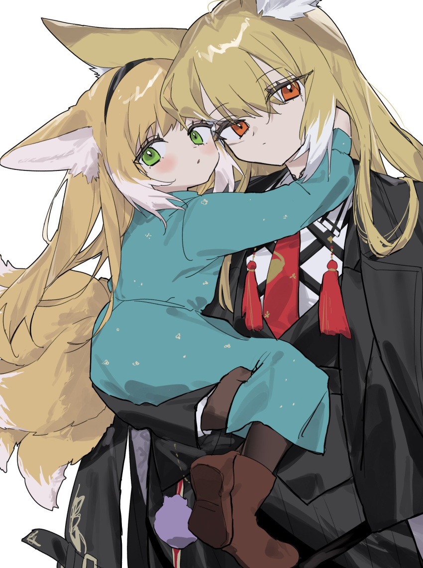 2girls, animal_ear_fluff, animal_ears, aqua_pajamas, aqua_shirt, arknights, arm_around_neck, black_hairband, black_jacket, blonde_hair, blush, brown_footwear, brown_gloves, brown_pantyhose, carrying, carrying_person, closed_mouth, eyes_visible_through_hair, gloves, green_eyes, hair_between_eyes, hairband, heads_together, highres, jacket, long_hair, long_sleeves, looking_at_viewer, match_bou_(match_match03), mother_and_daughter, multicolored_hair, multiple_girls, multiple_tails, necktie, orange_eyes, pajamas, pantyhose, red_necktie, scar, scar_on_cheek, scar_on_face, shirt, shoes, simple_background, streaked_hair, suzuran_(arknights), tail, tassel, vulpisfoglia_(arknights), white_background, white_hair, white_shirt