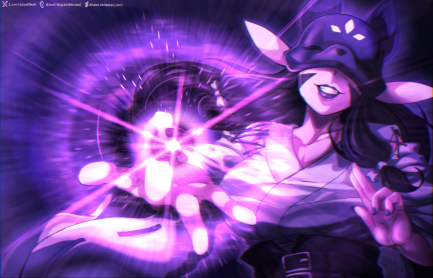 1girl, absurdres, belt, black_belt, black_hair, breasts, cursed_energy_(jujutsu_kaisen), dclaret, digimon, digimon_(creature), energy_ball, facial_mark, fox_mask, gojou's_imaginary_technique, grin, hands_up, highres, incoming_attack, japanese_clothes, jujutsu_kaisen, kuzuhamon, kuzuhamon:_miko_mode, large_breasts, long_hair, low-tied_sidelocks, mask, miko, mudra, multiple_belts, nail_polish, parody, powering_up, purple_background, purple_light, purple_lips, purple_mask, purple_nails, scene_reference, smile, solo, upper_body